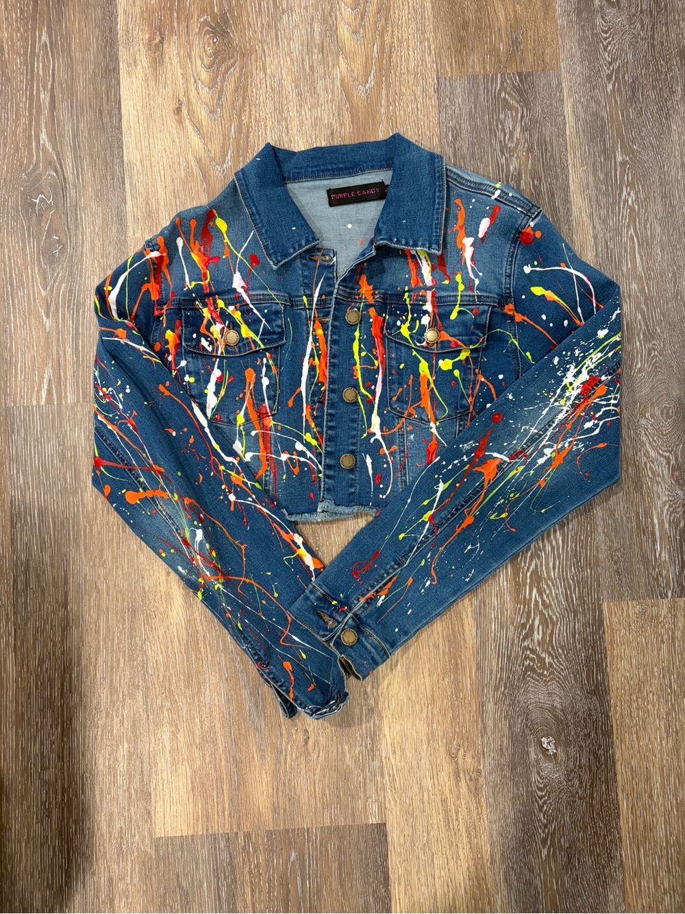 Purple Candy Paint-Splatter Cropped Denim Jacket - Blue with Multicolor Splashes